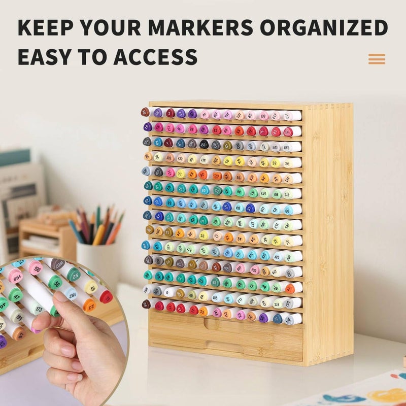 AUTOARK Natural Bamboo Marker Organizer with Drawer,182 Slots,Large Art Supply Storage for Artists,Teachers,Students - No Assembly Sturdy Desk Organizer for Classroom Office Decor,AHK-065 - Image 4